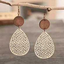 Natural Wooden Teardrop Earrings | Boho Hollow Design - Beige - View 8