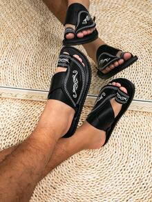 Men's Middle Eastern Arabic Style Basic Faux Leather Sandals, Black Casual Beach Slippers - Black - View 4