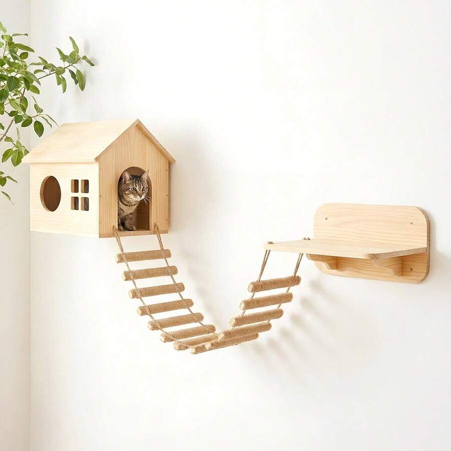 Wall Mounted Cat Climbing Ladder & Bridge, Wooden Cat Shelf With Sisal Rope, Indoor Cat Tree Tower & Activity Furniture For Kittens - 木質色 - 查看 1