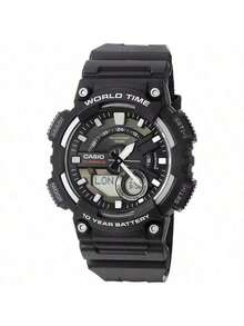 Casio AEQ-110W-1A 男士运动时尚模拟数字手表，配备 10 年电池，树脂表带银色圆形表盘多功能手表，日期/星期日历闹钟和秒表，100 米防水，适合日常运动户外穿着，是送给学生的理想礼物 - 黑色和銀色 - 查看 5
