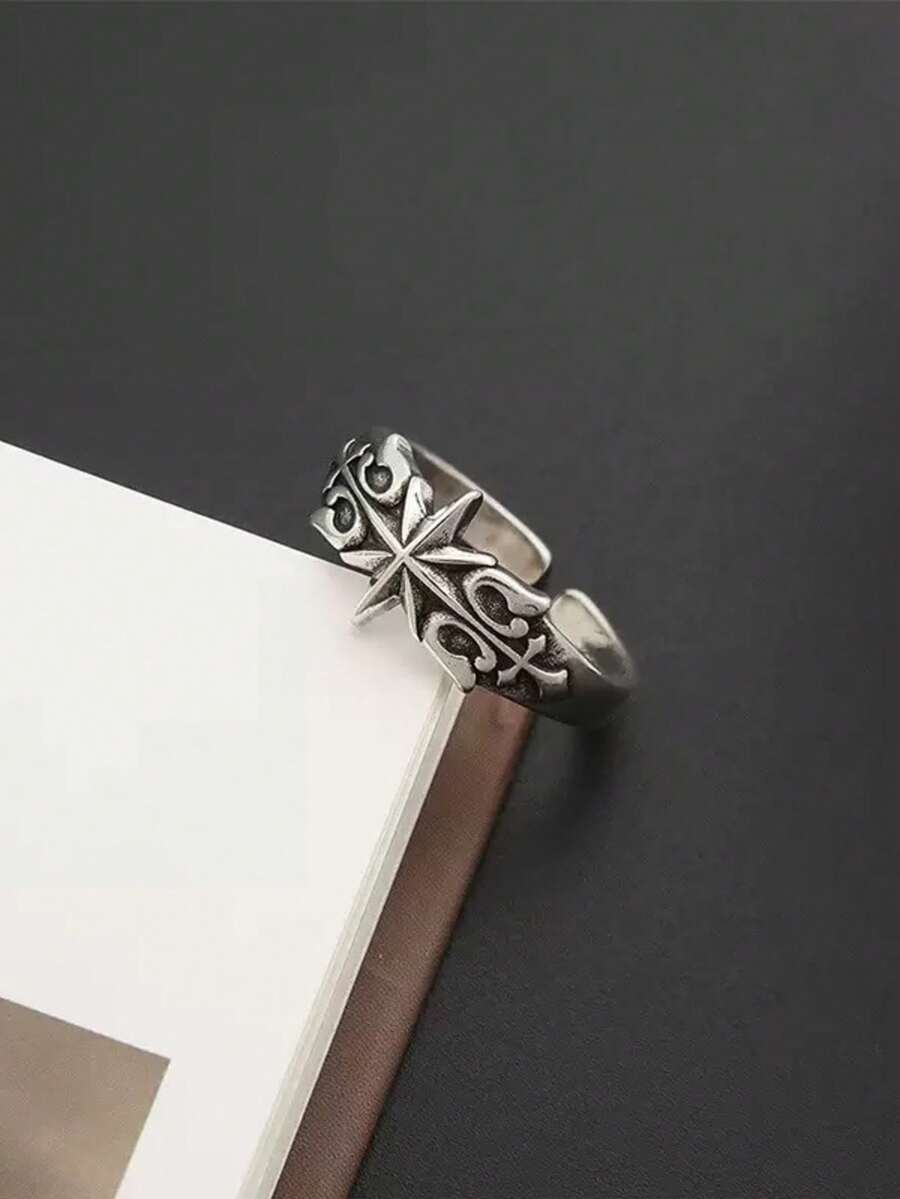 Anillo hexagonal vintage para hombres, anillo personalizado minimalista y retro único - Plata antigua - Ver 1