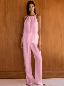 Conjunto de algodón casual y elegante para mujer, top de tirantes y pantalones rectos - Rosa - Ver 1