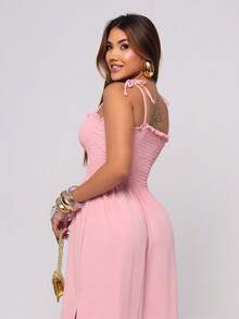 Women's Long Dress With Slit And Elasticated Bust - Affordable And Elegant - Hồng nhạt - Xem 3