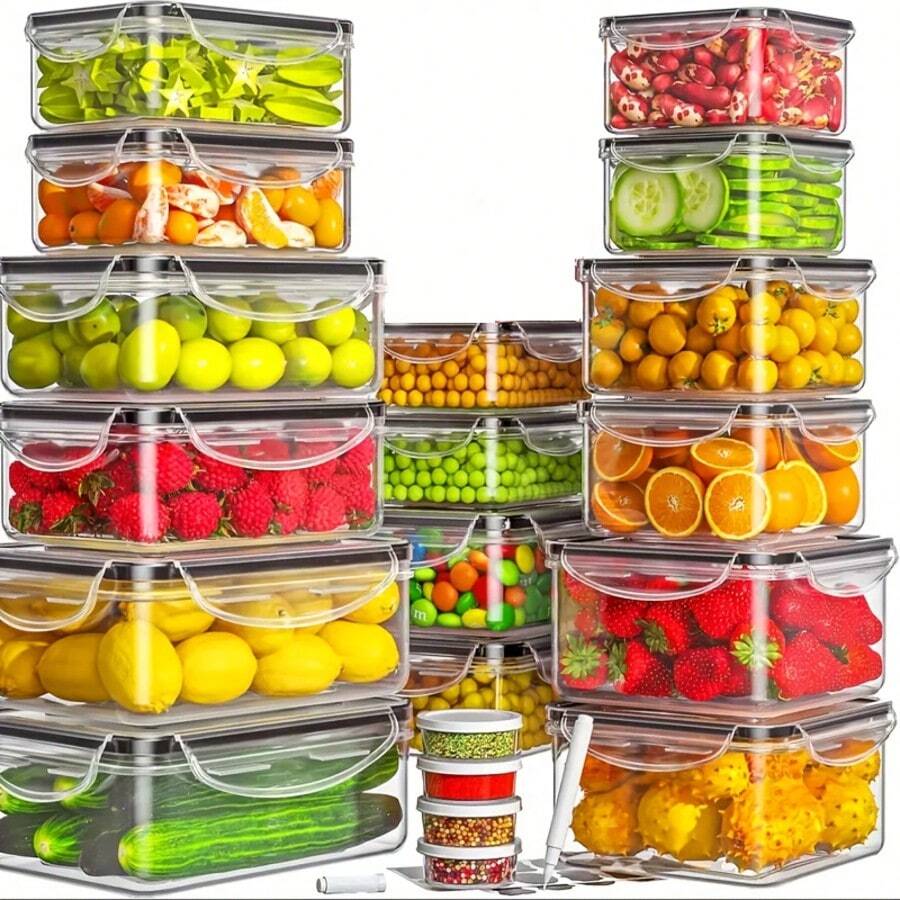 GHQ 40-Piece Set With Airtight Lids Lunchbox Combo, Food Storage Containers, Leak-Proof Leftovers Container, Stackable Freezer/Microwave/Dishwasher Lunchboxes (20 Rectangular + Round + 20 Lids) - 40件組加厚PP套裝(20個盒子+20個蓋子) - 查看 1