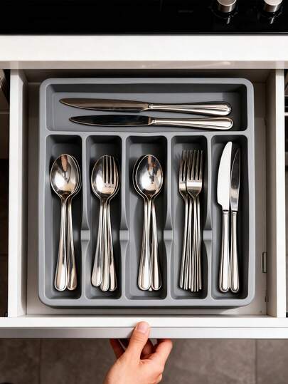 1个可调节银色餐具收纳盒，可伸缩塑料抽屉分隔板，适用于厨房和餐厅收纳，厨房抽屉分隔餐具整理盒，家用橱柜内置隔板筷子餐具架，厨房用品收纳，厨房橱柜筷子餐具整理盒，刀叉勺子分隔托盘