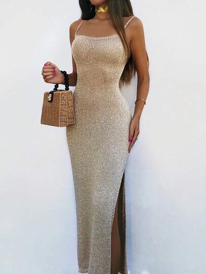 2026 Spring/Summer New Women's Spaghetti Strap Mid-Length Dress, Backless Bowknot Design, Shimmering Fabric, Suitable For Summer Beach Vacation, Dates, Valentine's Day Parties, Gold Dress