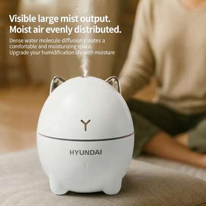 HYUNDAI DDM-1 Dodo Cat Humidifier, Compact & Portable, 200ml Large Capacity, 6H Auto Shut Off, Colorful Atmosphere Night Light, Suitable For Hotel, Bedroom And Office