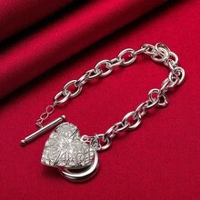 Pulsera de cadena con marco de foto con diseño de corazón plateado en plata de ley 925 para mujeres, joyería de boda y compromiso - Plateado - Ver 1
