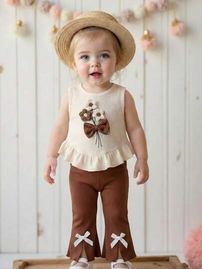 2件套女婴夏季新款花卉3D蝴蝶结装饰无袖不对称下摆上衣+罗纹蝴蝶结休闲喇叭裤套装