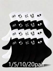1/3/5/10/15/20双装女士卡通表情中筒袜，黑白配色，日系风格，可爱笑脸白色袜子，适合日常穿着 - 黑與白 - 查看 5