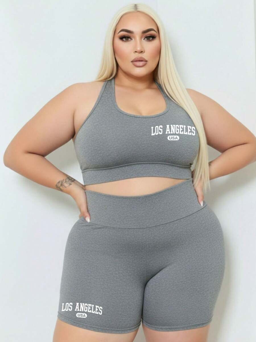 Plus Size Academia Los Angeles Top And Shorts Set GG To G4 - Xám - Xem 1