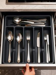 1pc Adjustable Silver Cutlery Storage Box, Expandable Plastic Drawer Divider, Suitable For Kitchen And Dining Room Storage, Kitchen Drawer Separator Cutlery Organizer Box, Household Cabinet Built-In Partition Chopsticks Utensils Rack, Kitchen Supplies Storage, Kitchen Cabinet Chopsticks Cutlery Organizer Box, Knife Fork Spoon Separator Tray - Multicolor - View 2