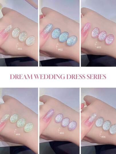 6件套/2026新款12毫升容量情人节礼物，梦幻春夏婚礼钻石闪耀超亮细闪糖果冰半透明玻璃纸凝胶指甲油。季节流行星光闪粉，磁性，持久美白美甲，需搭配底油和亮油使用，需配合UV灯固化。植物凝胶配方，6色套装，适合新手、居家、办公、通勤和约会使用。无病毒，热销沙龙品质，持久28天。