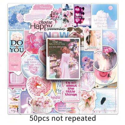 50张粉色邂逅INS风格贴纸 - 创意逼真贴纸，适用于吉他、桌面和音箱装饰