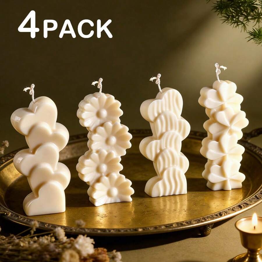 4pcs/Set Stacked Heart, Flower, Clover Silicone Mold, Geometric Pillar, Heart Shape Candle Mold, Layered Daisy Flower Mold, Suitable For Handmade Soap, Plaster, Resin, Clay Crafts, Wedding, Birthday Party, Craft Hobbyist Gift - White - View 1
