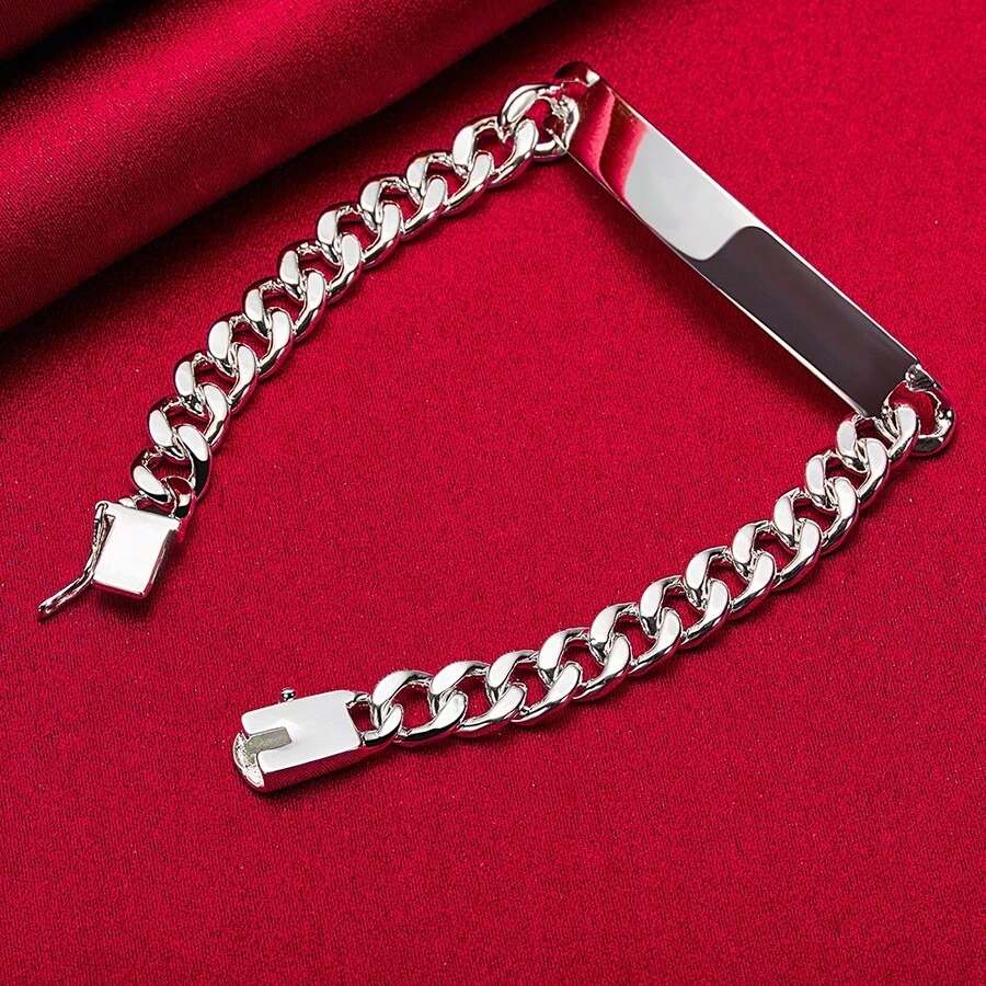 925纯银镀层8毫米光滑侧向手链，男女皆宜，适合婚礼、订婚、派对等场合佩戴，时尚饰品 - 銀色 - 查看 1