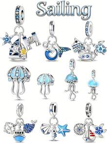 1pc 925 Silver-Plated Ocean Series Small Ship Binoculars With Starfish, Fish Tail Waves With Cubic Zirconia Diamonds, Sea Fish And Sea Turtle Robots, Glowing Jellyfish, Ship Steering Wheel, Whale, Shell, Starfish, Seahorse, Compass, Ship, Starfish DIY Quality Charms, DIY Creative Bracelet, Summer Ocean Romance, Exquisite Birthday, Valentine's Day And Other Holiday Gifts - Multicolor - View 12