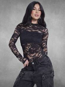 Women's Sexy Long Sleeve Tulle Lace Bodysuit With Delicate Flower, Transparent, Sizes S, M, L. Sensual Clothing, Night Outfit, Party Look, Elegant Style, Romantic, Lingerie, Fashion, , Blogger Style, Winter And Autumn, Night Out, All Print, Transparent, Cutout Fabric, Transparent, Cutout Fabric - 黑色 - 查看 5