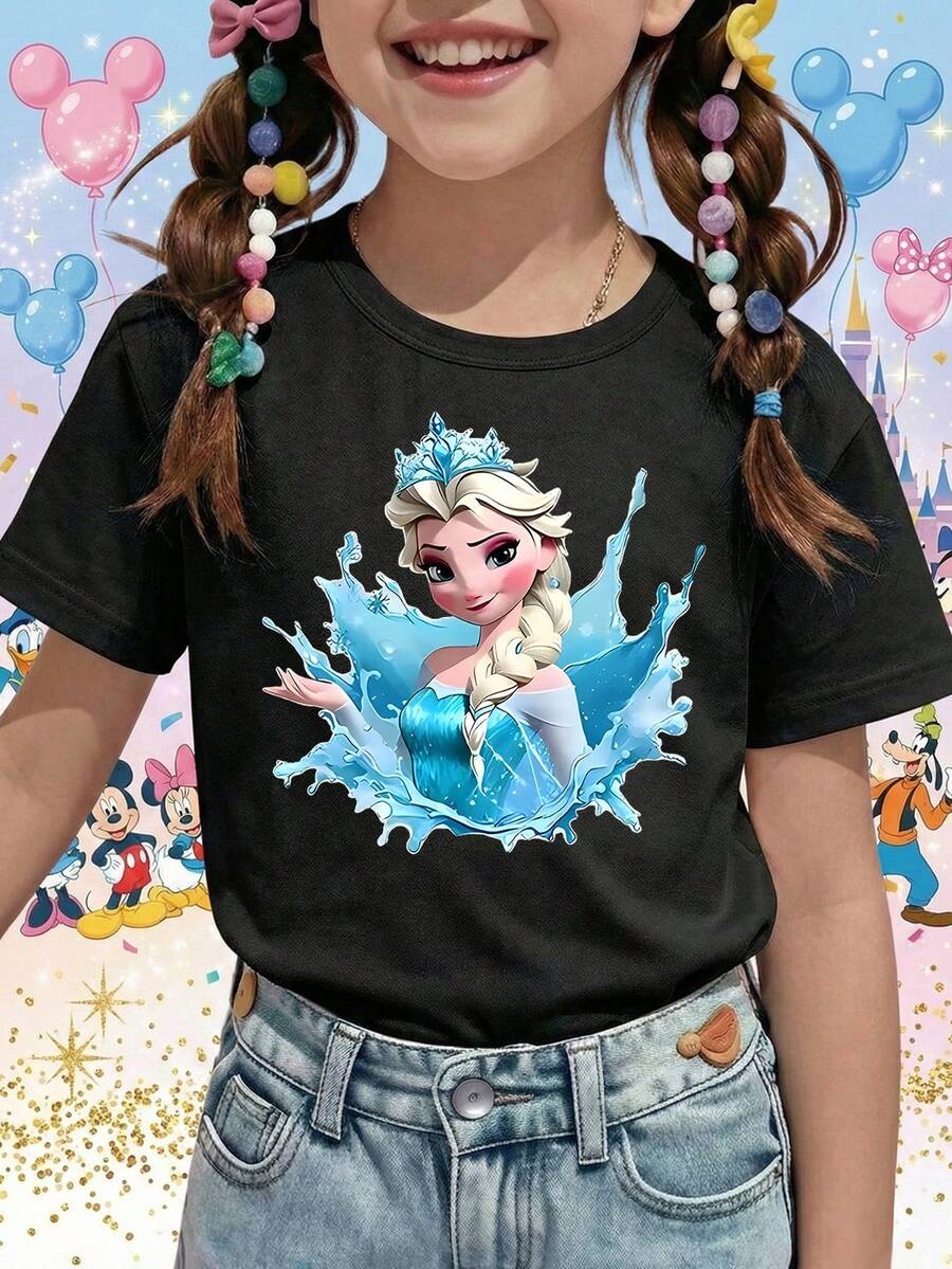 Disney Frozen Queen Elsa Ice Magic Water Splash Princess Portrait Printed Pattern T-Shirts For Girls - Children's Clothing Design Short-Sleeved Casual And Cute Style Comfortable And Casual Wear All Year Round Suitable For Parties And Play Machine Washable Gift Children's Clothing Girls' Short-Sleeved Shirts - Noir - Voir 1