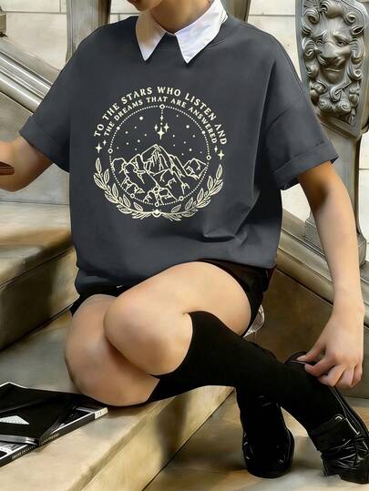 Teenage Girls Short Sleeve T-Shirt With Inspiring Slogan And Mountain Peak Print, Casual & Fashionable Childrenswear, Suitable For School, Vacation And Shopping, Versatile All-Season Style