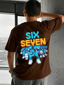 Kaos Anak Laki-laki Lengan Pendek Leher Bulat Bergambar Kartun Angka "67" & Huruf, Pakaian Anak Musim Semi/Panas Terbaru - Coklat - View 6