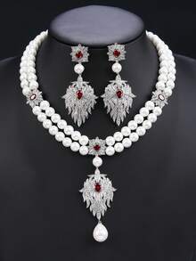 3pcs Luxurious Cubic Zirconia Necklace & Earrings Set, Faux Pearl Jewelry For Wedding, Party, Bridal Gown, Holiday, Birthday Gift - Jewelry Sets - View 1