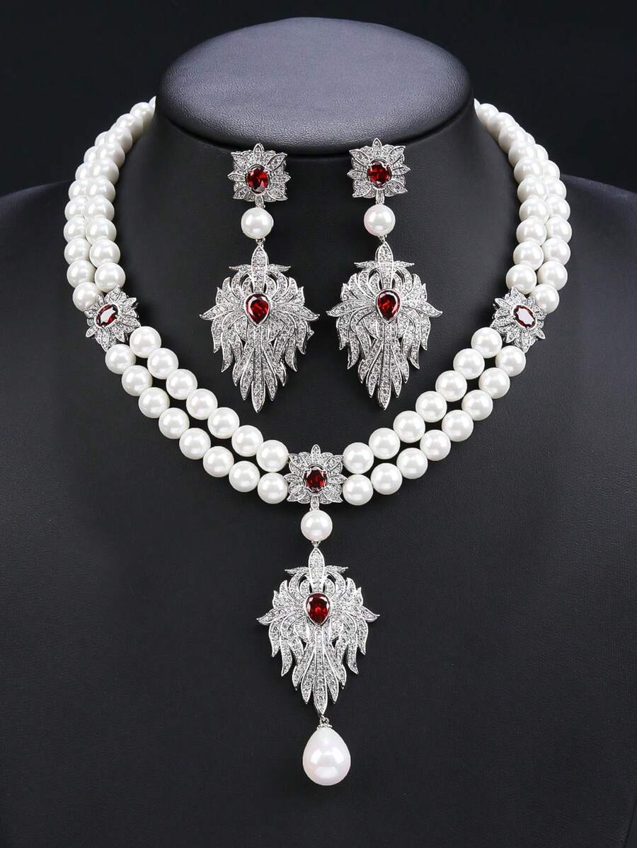 3pcs Luxurious Cubic Zirconia Necklace & Earrings Set, Faux Pearl Jewelry For Wedding, Party, Bridal Gown, Holiday, Birthday Gift - Jewelry Sets - View 1