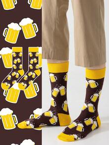 1双男士棕黄啤酒图案艺术设计透气休闲船袜，适合旅行、居家、办公、节日礼物 - 彩色 - 查看 2