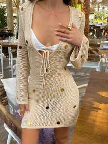 FOR BEAUTY Spring Summer Y2K Women Cover Ups Khaki V Neck Knit Wrap Cardigan Drawstring Waist Slim Fit Casual Chic Beach Vacation Dating Outfit - Khaki - View 6