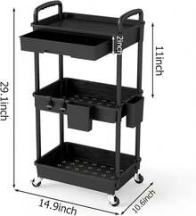 3 Tier Rolling Utility Cart Organizer With Removable Drawer, Stable And Sturdy Black Rolling Storage Carts With 2 Lockable Wheels For Bathroom, Kitchen, Snack, Craft, Makeup, Baby Essentials,Christmas Gifts - 黑色 - 查看 2