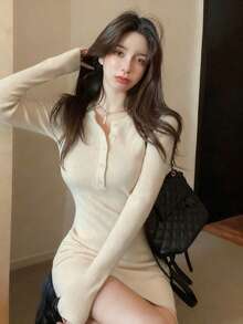 秋冬季女士针织修身连衣裙，优雅 - 杏色 - 查看 4