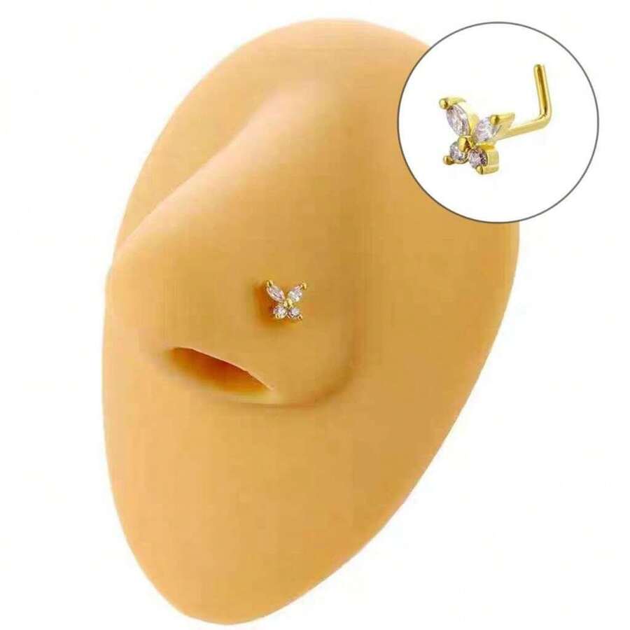 Stainless Steel L-Shaped Nose Piercing With Cubic Zirconia. - 1pc Gold 2# Butterfly L - View 1