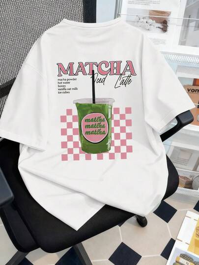 大码女式休闲抹茶印花圆领短袖T恤，夏季服装，大码女装，秋季大码女装，冬季女装，白色上衣。