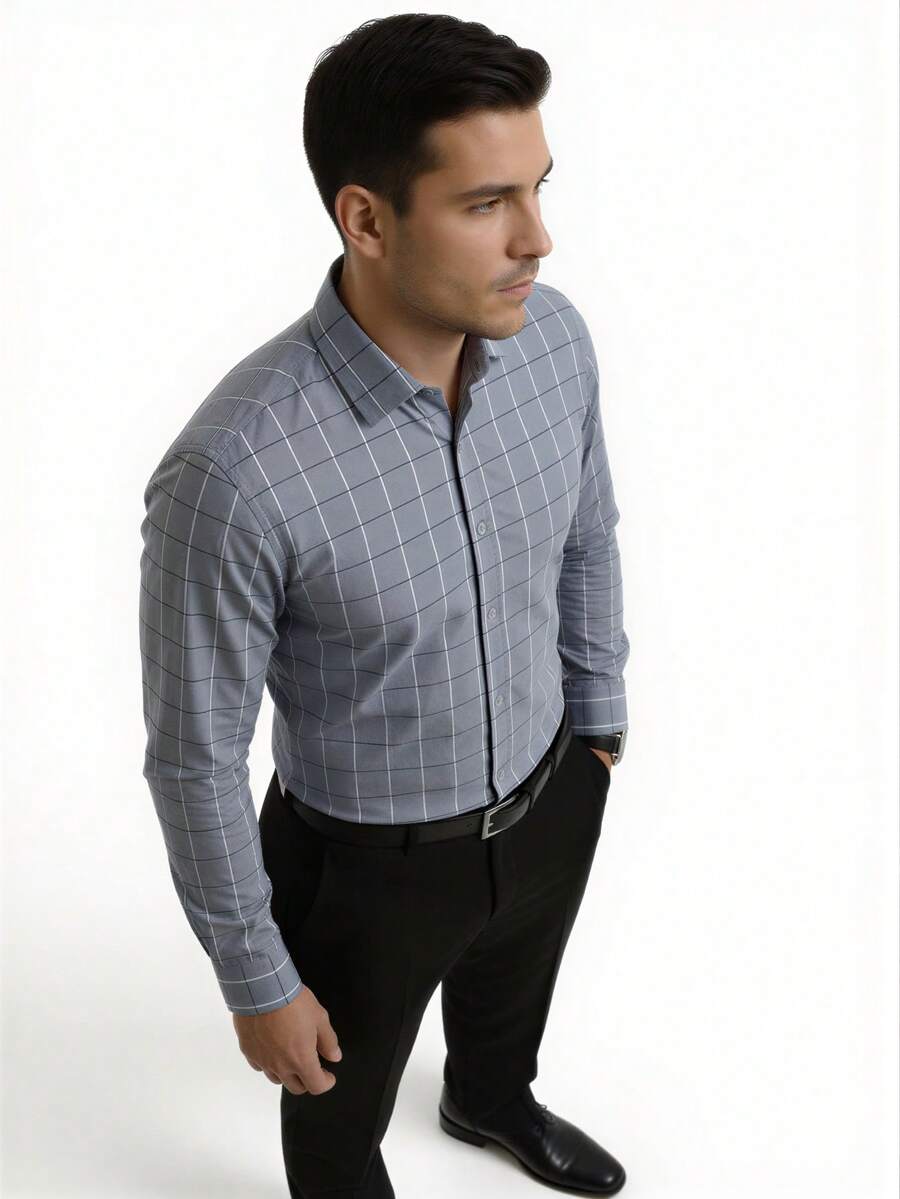 Men's Long-Sleeved Dress Shirt, Casual, Good Quality, Slim Fit With Elastane - 灰色 - 查看 1