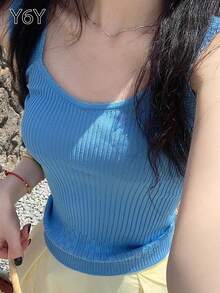 [Y6Y] Summer Fashionable Minimalist Knit Camisole, Women's Casual Vacation Style Fitted Sexy Top - Blue - View 7