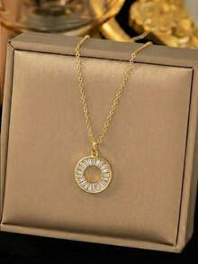 1件简约镀金圆形吊坠项链，镶嵌闪亮立方氧化锆几何圆形锁骨链，优雅女士珠宝礼物 - 金色 - 查看 1