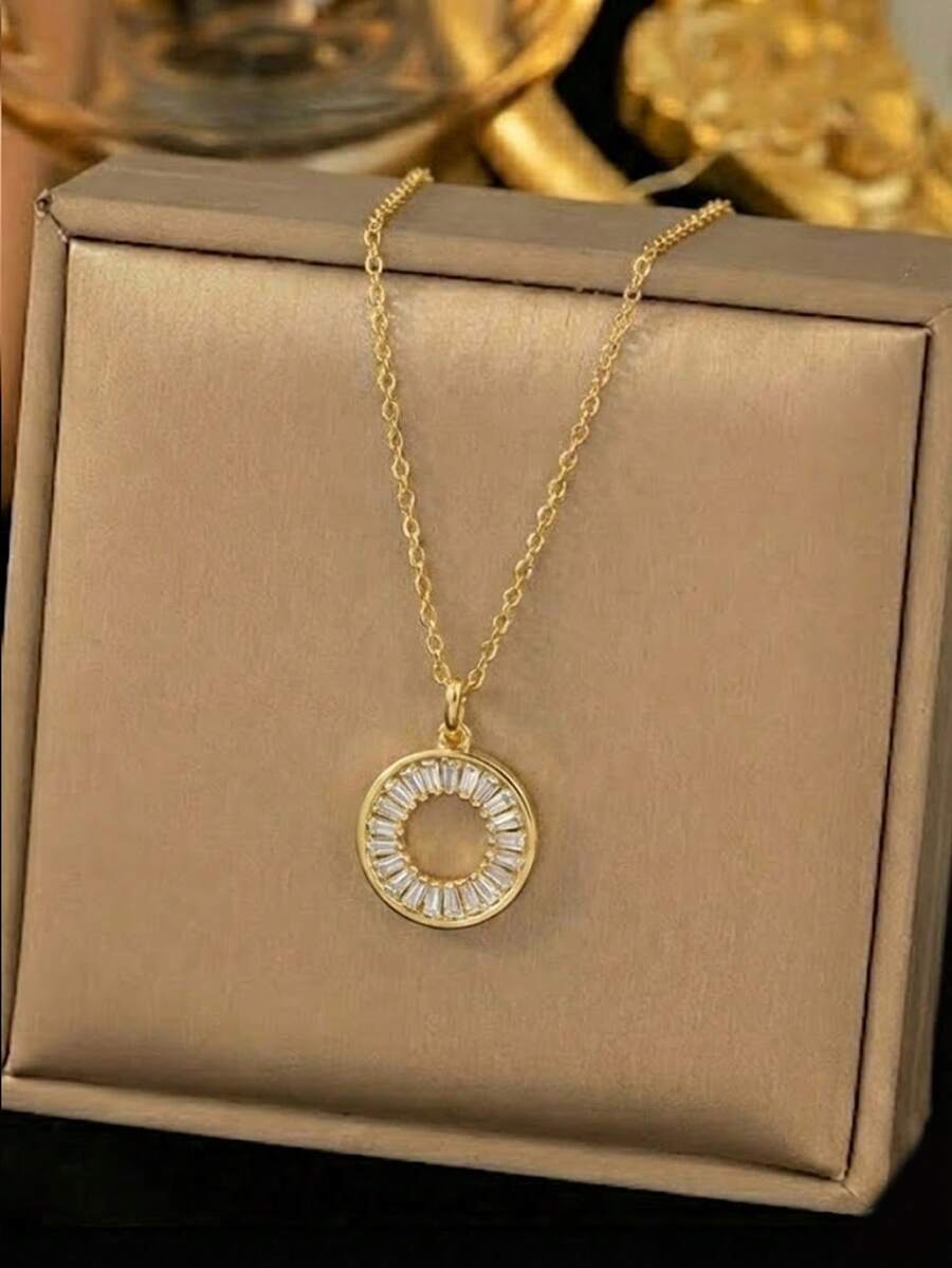 1件简约镀金圆形吊坠项链，镶嵌闪亮立方氧化锆几何圆形锁骨链，优雅女士珠宝礼物 - 金色 - 查看 1