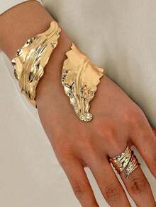 2 件波西米亚风格女士首饰套装，皱叶形几何开口手镯和可调节戒指，适合日常配饰、度假、约会、购物、派对、送给母亲、妻子、女朋友的礼物 - 金色 - 查看 6