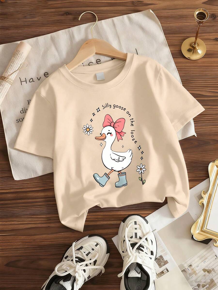 T-shirt à manches courtes pour filles avec imprimé canard de bande dessinée, convenant au printemps et à l'été, mettant en valeur la vitalité juvénile, mignon mais élégant - Nude - Voir 1