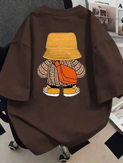 Bear Print Round Neck T-Shirt, Plus Size Women's Streetwear Fashion Item, Suitable For New Year, Everyday Wear, Outings, Beach, Parties, School, Vacation, Commuting. Summer Holiday Outfit, Beach Vacation Outfit, Spring Outfit, Mother's Day Gift; Graduation Casual