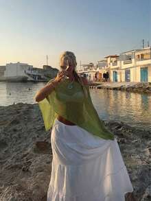 女士新款波西米亚风绿色雪纺披肩，不对称设计轻盈针织衫，时尚休闲宽松版型，适合海滩度假、泳池派对、休闲旅行、春季外套 - 綠色 - 查看 4