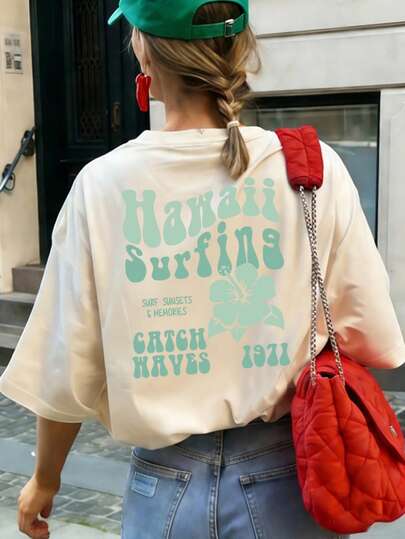 Women's New Casual Cute Pattern Loose Fit Round Neck Short Sleeve T-Shirt, Fashionable Daily & Holiday Wear. Suitable For Holidays, Back To School, Teacher's Day, Etc. Letter Print Soft, Loose & Comfortable High-End Casual Street Style Relaxed Fit Short Sleeve Top