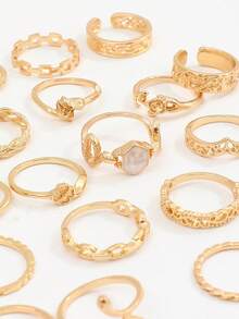 Bộ 21 chiếc nhẫn hình hoa hồng, rắn, cỏ ba lá, mắt, gai, hình số 8, hình thoi dành cho nữ - Vàng - Xem 4