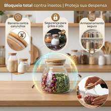 Kit 02 Potes De Vidro Com Tampa De Bambu 400ml 10cm De Diâmetro 10,5cm De Altura Vedação Com Anel De Silicone Para Armazenamento De Alimentos - Multicolorido - Visão 4