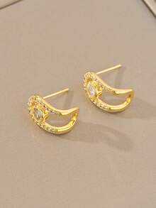 1 Pair Gold Earrings, Fashionable Elegant Minimalist Luxury High-End Gold Copper Inlaid Cubic Zirconia Pendant Earrings, Suitable For Women's Daily Wear - Gold - View 1