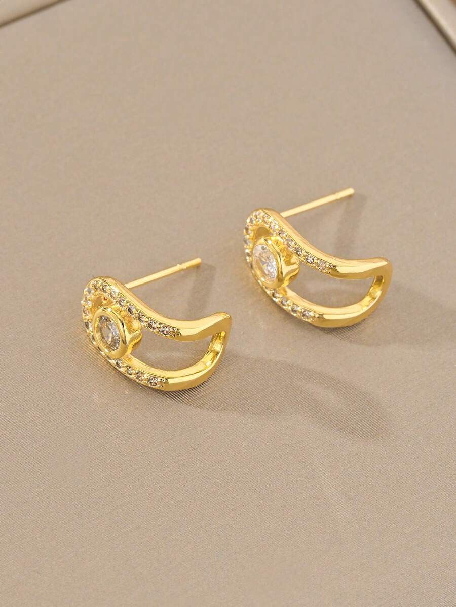 1 Pair Gold Earrings, Fashionable Elegant Minimalist Luxury High-End Gold Copper Inlaid Cubic Zirconia Pendant Earrings, Suitable For Women's Daily Wear - Gold - View 1