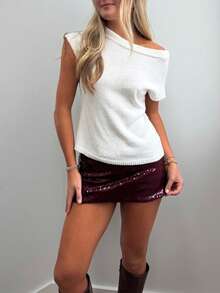 2026 Sommer Mode Damen Weißes Strick Asymmetrisches Schulter Kurzarm Top, Bubble Stoff, Kurzarm, Gerippte Strick Details, Rundhalsausschnitt Design, Perfekt für den Sommer - Weiss - Übersicht 5