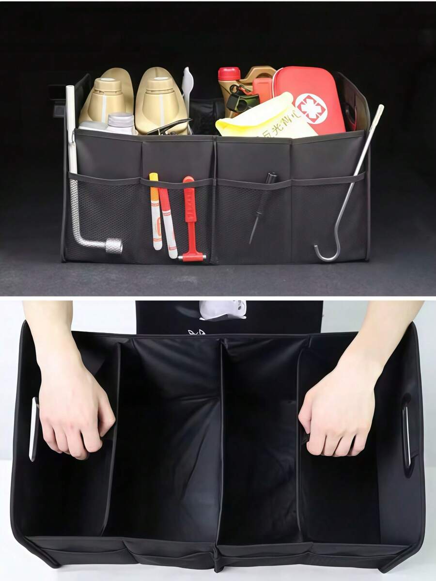 Hộp đựng đồ trong cốp xe dành cho xe sedan và SUV, hộp đựng đồ trong xe SUV, tay cầm bằng vải Oxford đơn giản và nhẹ, có thể gập lại và dung tích lớn, túi đựng đồ trong cốp xe, túi đựng đồ nhiều ngăn có thể gập lại cho xe SUV, hộp đựng đồ có thể gập lại dành cho phụ kiện xe hơi nam và nữ, vật dụng thiết yếu cho các chuyến đi chơi và dã ngoại của gia đình. - Đen 3 - Xem 1