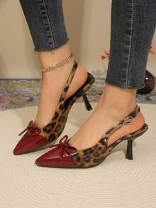 Leopard Print Color Block Pointed Toe Stiletto High Heels For Women, Backless Bowknot Decor Shoes, Strap Buckle Ankle Strap Fashion Party Shoes - Burgundy - View 3