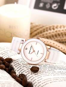 Anne Klein Đồng hồ nữ AK Watches, dây đeo gốm, mặt số kim, đồng hồ thạch anh Nhật Bản đính kim cương. - Màu trắng và vàng hồng - Xem 5